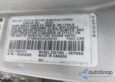 2004 Toyota Corolla Le z USA, uszkodzony, nr VIN 2T1BR32E04C220761